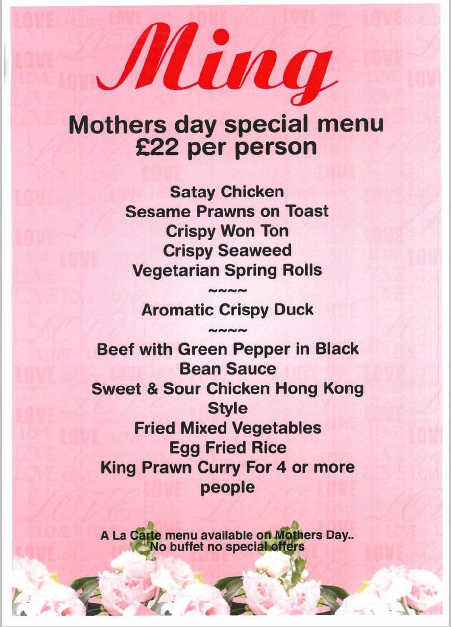 Mothers Day Special Menu Ming Restaurant
